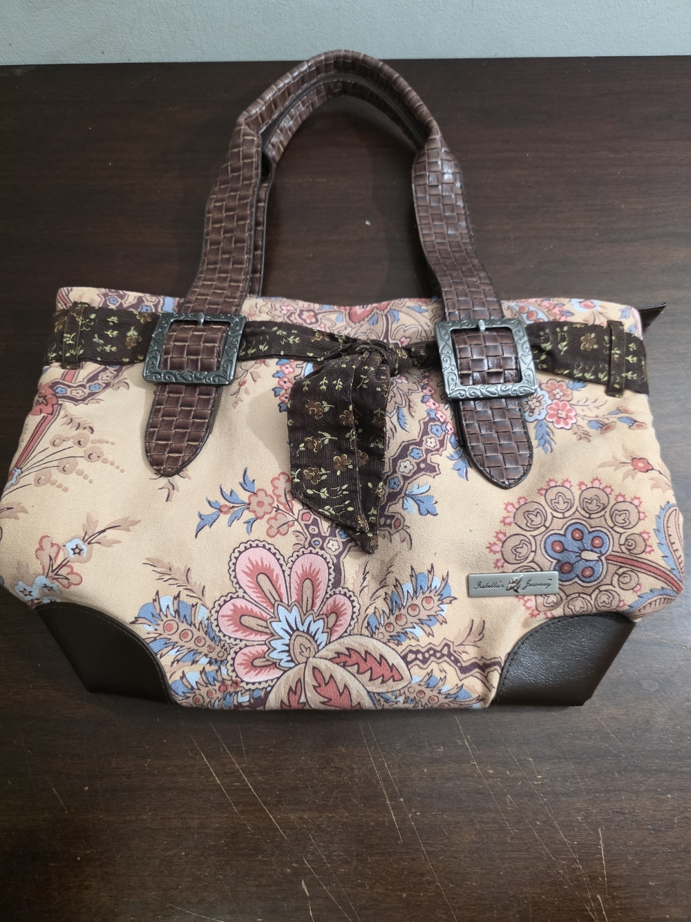 Isabella's Journey floral tapestry handbag buckle accents brown Faux Leather